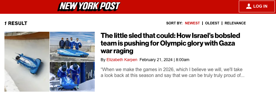 New York Post: "The little sled that could: How Israel’s bobsled team is pushing for Olympic glory with Gaza war raging"
