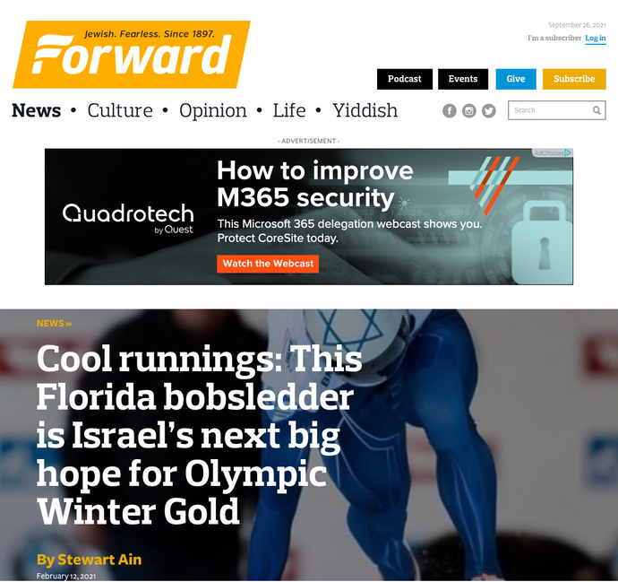 The Forward - Cool runnings: This Florida bobsledder is Israel’s next big Olympic Hope